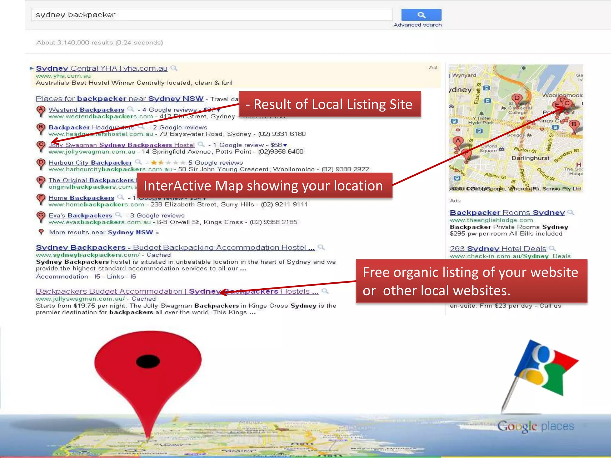 - Result of Local Listing SiteInterActive Map showing your locationFree organic listing of your websiteor  other local websites.