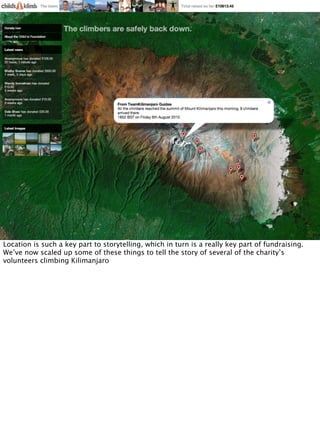 Location is such a key part to storytelling, which in turn is a really key part of fundraising.
We’ve now scaled up some of these things to tell the story of several of the charity’s
volunteers climbing Kilimanjaro
 