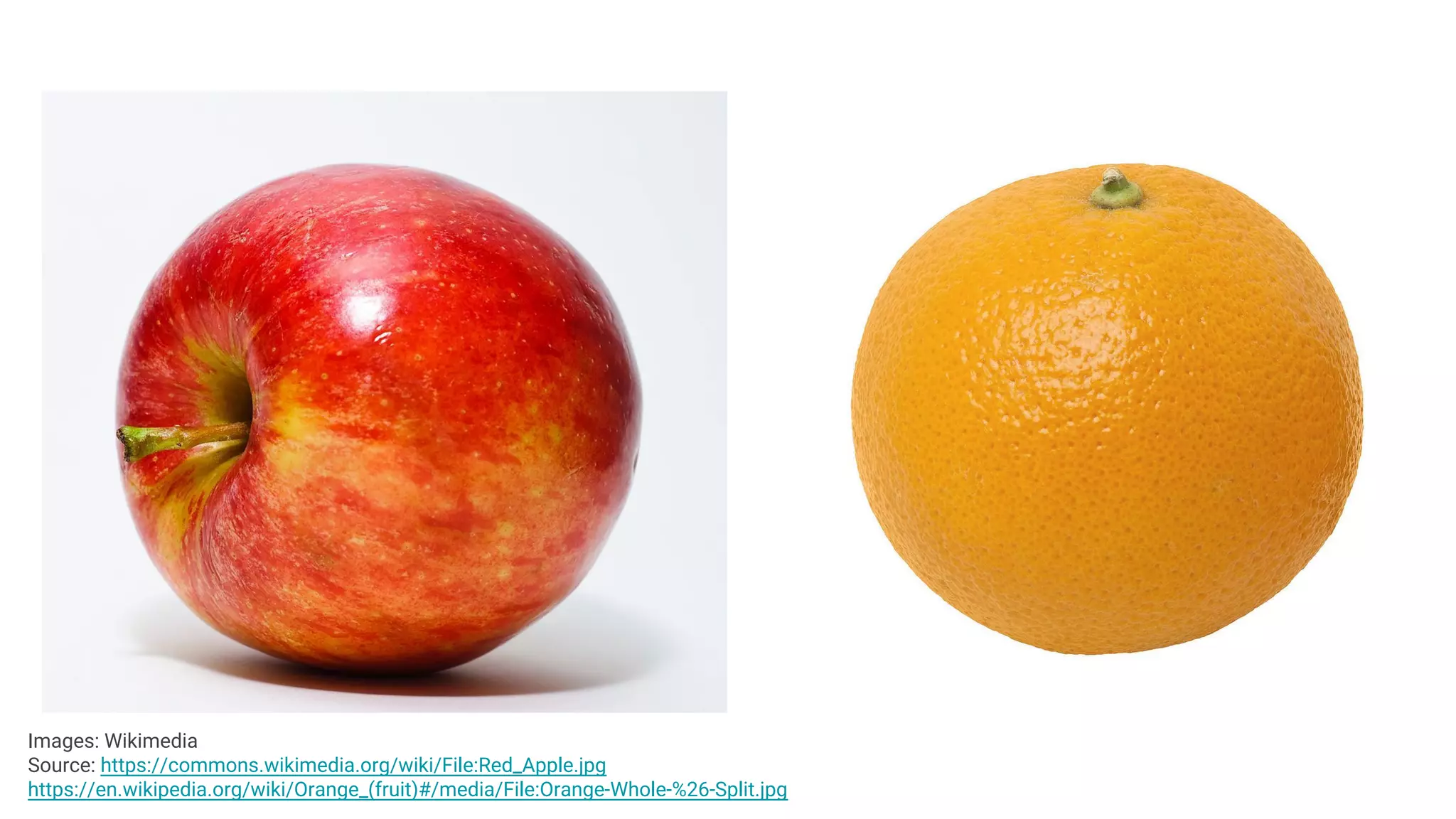 Images: Wikimedia
Source: https://commons.wikimedia.org/wiki/File:Red_Apple.jpg
https://en.wikipedia.org/wiki/Orange_(fruit)#/media/File:Orange-Whole-%26-Split.jpg
 