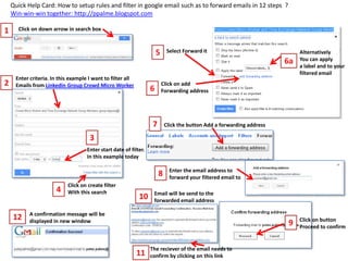 Quick Help Card: How to setup rules and filter in google email such as to forward emails in 12 steps ?
    Win-win-win together: http://ppalme.blogspot.com

1     Click on down arrow in search box



                                                                      5     Select Forward it                               Alternatively
                                                                                                                       6a   You can apply
                                                                                                                            a label and to your
                                                                                                                            filtered email
     Enter criteria. In this example I want to filter all
2    Emails from Linkedin Group Crowd Micro Worker                        Click on add
                                                                  6       Forwarding address




                                                                   7       Click the button Add a forwarding address

                                     3
                                    Enter start date of filter.
                                    In this example today

                                                                             Enter the email address to
                                                                       8     forward your filtered email to
                           Click on create filter
                      4    With this search                        Email will be send to the
                                                            10     forwarded email address

           A confirmation message will be
    12     displayed in new window                                                                                          Click on button
                                                                                                                       9    Proceed to confirm


                                                                  The reciever of the email needs to
                                                            11    confirm by clicking on this link
 