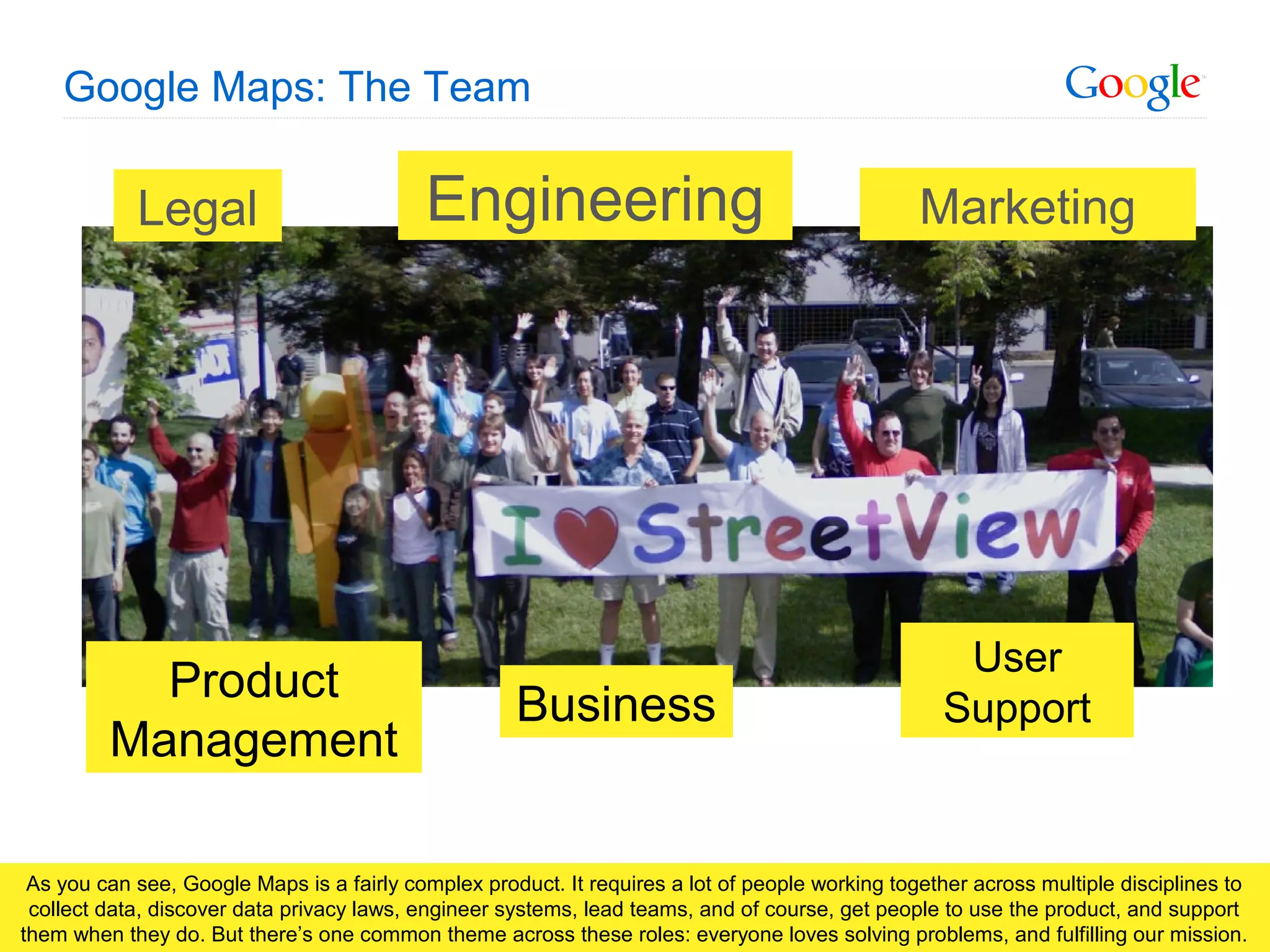 Google Confidential and Proprietary
Google Maps: The Team
Legal
Business
Engineering
Product
Management
Marketing
User
Support
As you can see, Google Maps is a fairly complex product. It requires a lot of people working together across multiple disciplines to
collect data, discover data privacy laws, engineer systems, lead teams, and of course, get people to use the product, and support
them when they do. But there’s one common theme across these roles: everyone loves solving problems, and fulfilling our mission.
 