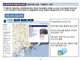 2. 주요기업 적용가능 분야   배송차량 관제 – 택배회사 사례

 젂통적읶 차량관제는 중앙관제센터에서 차량의 이동,화물의 상태를 모니터링, 비상사태관리 등의 업무
가 주요 업무였으나 에너지,환경, 탄소배출권등의 이슈로 효율적 수배송관리의 요구가 증대되고 있음


 차량, 선박, 항공 관제


                                  사용자에게 친근한 지도

                                  GPS/통싞모듈 활용을 통한 관제

                                  Smart Device를 활용한 Mobile
                                  작업 환경 구축

                                  웹 환경 구축으로 any where,
                                  any time 활용

                                  거리/교통소통 정보 활용한 효율
                                  적인 배송계획 수립




                          10
 