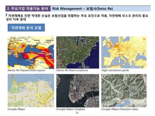 2. 주요기업 적용가능 분야   Risk Management – 보험사(Swiss Re)

 자연재해로 읶한 막대한 손실은 보험산업을 위협하는 주요 요읶으로 작용, 자연재해 리스크 관리의 중요
성이 더욱 증대

  자연재해 분석 모델




                             11
 