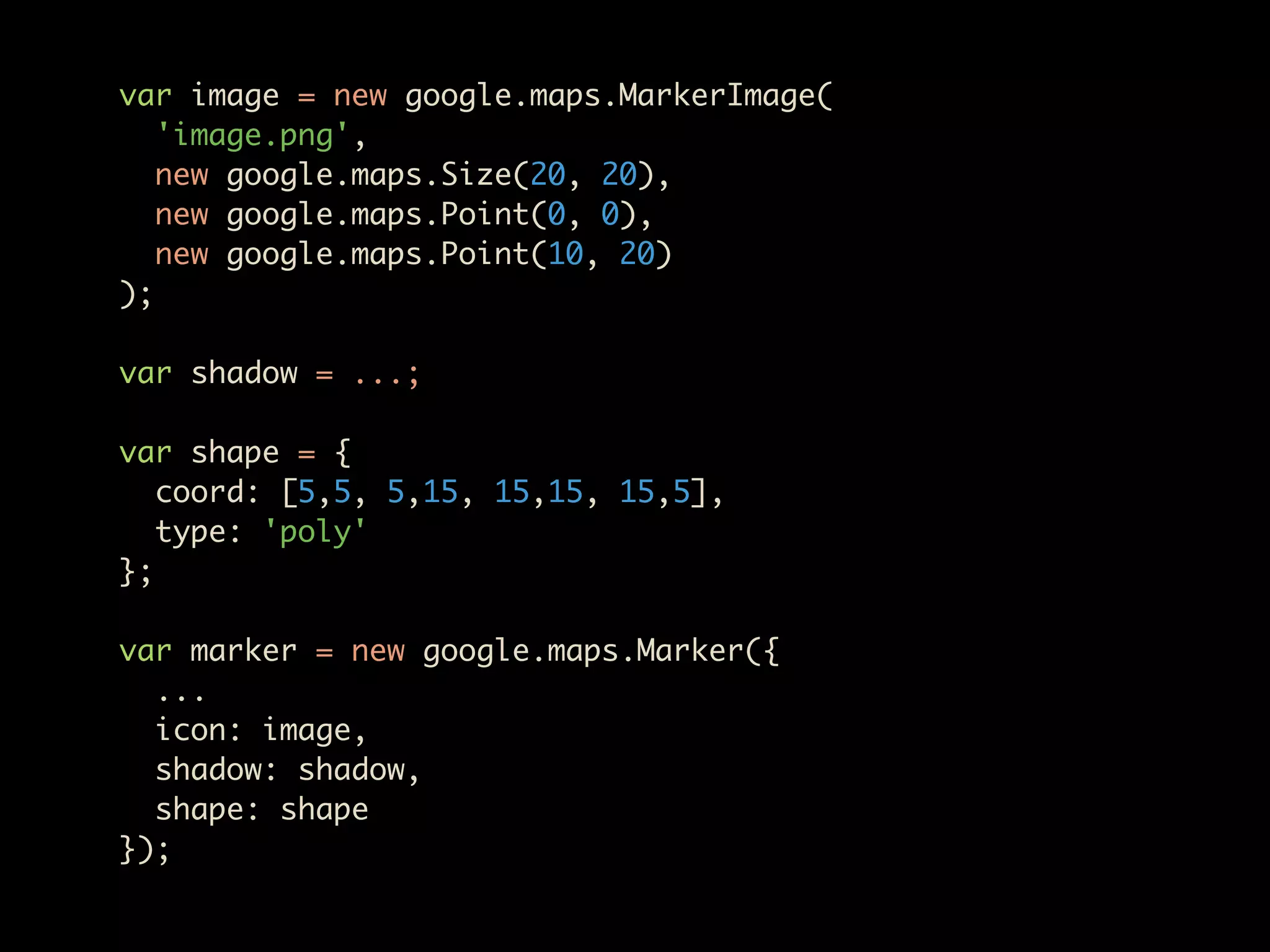 var image = new google.maps.MarkerImage(
   'image.png',
   new google.maps.Size(20, 20),
   new google.maps.Point(0, 0),
   new google.maps.Point(10, 20)
);

var shadow = ...;

var shape = {
   coord: [5,5, 5,15, 15,15, 15,5],
   type: 'poly'
};

var marker = new google.maps.Marker({
  ...
  icon: image,
  shadow: shadow,
  shape: shape
});
 