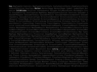 Map MapTypeId Controls MapTypeControlStyle ScaleControlStyle ZoomControlStyle
ControlPosition Overlays Marker MarkerImage MarkerShape Symbol SymbolPath Ani
mation InfoWindow Polyline IconSequence Polygon PolyMouseEvent Rectangle Circ
le GroundOverlay OverlayView MapPanes MapCanvasProjection Services Geocoder G
eocoderRequest GeocoderStatus GeocoderResult GeocoderAddressComponent Geocode
rGeometry GeocoderLocationType DirectionsRenderer DirectionsService Direction
sRequest TravelMode UnitSystem DirectionsWaypoint DirectionsStatus Directions
Result DirectionsRoute DirectionsLeg DirectionsStep Distance Duration Time Tr
ansitDetails TransitStop TransitLine TransitAgency TransitVehicle ElevationSe
rvice LocationElevationRequest PathElevationRequest ElevationResult Elevation
Status MaxZoomService MaxZoomResult MaxZoomStatus DistanceMatrixService Dista
nceMatrixRequest DistanceMatrixResponse DistanceMatrixResponseRow DistanceMat
rixResponseElement DistanceMatrixStatus DistanceMatrixElementStatus Map Types
MapType MapTypeRegistry Projection ImageMapType StyledMapType MapTypeStyle Ma
pTypeStyleFeatureType MapTypeStyleElementType MapTypeStyler Layers BicyclingL
ayer FusionTablesLayer FusionTablesQuery FusionTablesStyle FusionTablesHeatma
p FusionTablesMouseEvent FusionTablesCell KmlLayer KmlLayerMetadata KmlLayerS
tatus KmlMouseEvent KmlFeatureData KmlAuthor TrafficLayer TransitLayer Street
View StreetViewPanorama StreetViewLink StreetViewPov StreetViewPanoramaData S
treetViewLocation StreetViewTileData StreetViewService StreetViewStatus Event
s MapsEventListener event MouseEvent Base LatLng LatLngBounds Point Size MVCO
bject MVCArray Geometry Library encoding spherical poly AdSense Library AdUni
t AdFormat Panoramio Library PanoramioLayer PanoramioFeature PanoramioMouseEv
ent Places Library Autocomplete ComponentRestrictions PlaceDetailsRequest Pla
ceGeometry PlaceResult PlaceSearchRequest PlaceSearchPagination PlacesService
PlacesServiceStatus RankBy TextSearchRequest Drawing Library DrawingManager O
verlayCompleteEvent OverlayType Weather Library CloudLayer WeatherLayer Tempe
ratureUnit WindSpeedUnit LabelColor WeatherMouseEvent WeatherFeature WeatherC
onditions WeatherForecast Visualization Library HeatmapLayer WeightedLocation
 