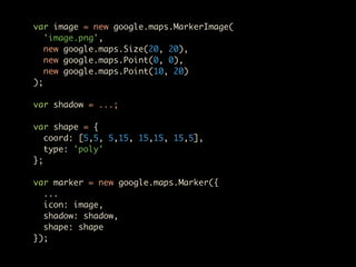 var image = new google.maps.MarkerImage(
   'image.png',
   new google.maps.Size(20, 20),
   new google.maps.Point(0, 0),
   new google.maps.Point(10, 20)
);

var shadow = ...;

var shape = {
   coord: [5,5, 5,15, 15,15, 15,5],
   type: 'poly'
};

var marker = new google.maps.Marker({
  ...
  icon: image,
  shadow: shadow,
  shape: shape
});
 