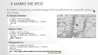 X MARKS THE SPOT
A marker is basically a small image that is positioned at a specific place
on a map.
A Simple Marker

Adding a Tooltip

Changing the Icon

 