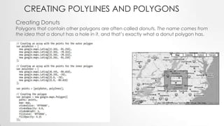 CREATING POLYLINES AND POLYGONS
Creating Donuts

Polygons that contain other polygons are often called donuts. The name comes from
the idea that a donut has a hole in it, and that’s exactly what a donut polygon has.

 