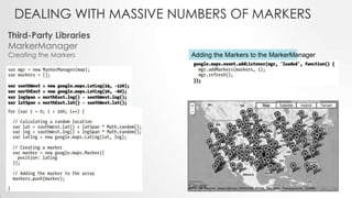 DEALING WITH MASSIVE NUMBERS OF MARKERS
Third-Party Libraries
MarkerManager
Creating the Markers

Adding the Markers to the MarkerManager

 