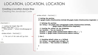 LOCATION, LOCATION, LOCATION
Creating a Location-Aware Map
Creating the JavaScript Code

 