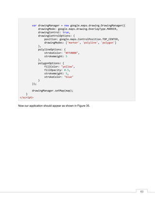 60
var drawingManager = new google.maps.drawing.DrawingManager({
drawingMode: google.maps.drawing.OverlayType.MARKER,
drawingControl: true,
drawingControlOptions: {
position: google.maps.ControlPosition.TOP_CENTER,
drawingModes: ['marker', 'polyline', 'polygon']
},
polylineOptions: {
strokeColor: "#FF0000",
strokeWeight: 5
},
polygonOptions: {
fillColor: "yellow",
fillOpacity: 0.5,
strokeWeight: 5,
strokeColor: "blue"
}
});
drawingManager.setMap(map);
}
</script>
Now our application should appear as shown in Figure 35.
 