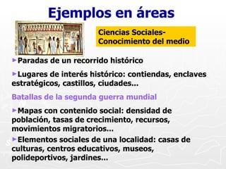 Ejemplos en áreas Ciencias Sociales- Conocimiento del medio <ul><li>Paradas de un recorrido histórico </li></ul><ul><li>Lu...