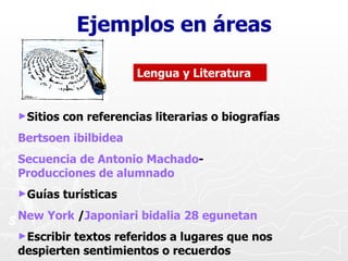 Ejemplos en áreas <ul><li>Sitios con referencias literarias o biografías </li></ul><ul><li>Bertsoen ibilbidea   </li></ul>...