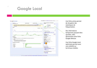 .
Google Local
Une fiche active permet
de récupérer des
statistiques de
fréquentation.
Des informations
temporaires peuvent être
ajoutées, elles
dynamisent votre fiche
Google Adresse.
Une fiche Google Local
optimisée permet aussi
une visibilité sur
terminaux mobiles
 