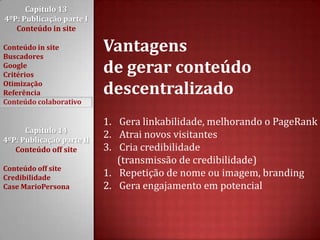 Capítulo 13 4ºP: Publicação parte I Conteúdo in siteConteúdo in siteBuscadoresGoogleCritériosOtimizaçãoReferênciaConteúdo colaborativoCapítulo 14 4ºP: Publicação parte II Conteúdo off siteConteúdo off siteCredibilidadeCase MarioPersonaVantagensde gerar conteúdo descentralizadoGera linkabilidade, melhorando o PageRankAtrai novos visitantesCria credibilidade      (transmissão de credibilidade)Repetição de nome ou imagem, brandingGera engajamento em potencial