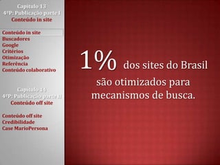 Capítulo 13 4ºP: Publicação parte I Conteúdo in siteConteúdo in siteBuscadoresGoogleCritériosOtimizaçãoReferênciaConteúdo colaborativoCapítulo 14 4ºP: Publicação parte II Conteúdo off siteConteúdo off siteCredibilidadeCase MarioPersona1% dos sites do Brasil são otimizados para mecanismos de busca.