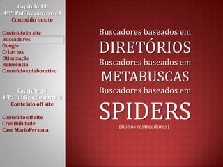 Capítulo 13 4ºP: Publicação parte I Conteúdo in siteConteúdo in siteBuscadoresGoogleCritériosOtimizaçãoReferênciaConteúdo colaborativoCapítulo 14 4ºP: Publicação parte II Conteúdo off siteConteúdo off siteCredibilidadeCase MarioPersonaBuscadores baseados em DIRETÓRIOSBuscadores baseados em METABUSCASBuscadores baseados em SPIDERS (Robôs rastreadores)