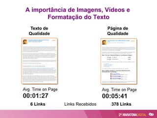 A importância de Imagens, Vídeos e
Formatação do Texto
Texto de
Qualidade
Página de
Qualidade
6 Links 378 LinksLinks Recebidos
 