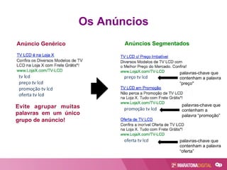 Os Anúncios
Anúncio Genérico Anúncios Segmentados
palavras-chave que
contenham a palavra
“preço"
palavras-chave que
contenham a
palavra “promoção”
palavras-chave que
contenham a palavra
“oferta”
Evite agrupar muitas
palavras em um único
grupo de anúncio!
 