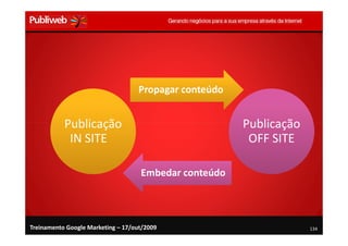 Publicação                        Publicação
            IN SITE                           OFF SITE




Treinamento Google Marketing – 17/out/2009                134
 