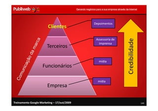 Depoimentos
                         Clientes

                                              Assessoria de




                                                              Credibilidade
                                                imprensa
                        Terceiros

                                               mídia
                     Funcionários

                                               mídia
                        Empresa

Treinamento Google Marketing – 17/out/2009                                    149
 