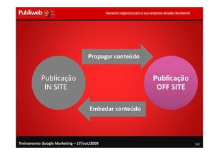 Publicação                        Publicação
            IN SITE                           OFF SITE




Treinamento Google Marketing – 17/out/2009                162
 
