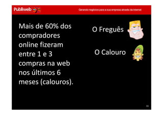Mais de 60% dos                           O Freguês
   compradores
   online fizeram
   entre 1 e 3                               O Calouro
   compras na web
   nos últimos 6
   meses (calouros).

Treinamento Google Marketing – 17/out/2009               33
                                                         33
 