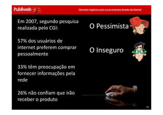 Em 2007, segundo pesquisa
  realizada pelo CGI:                        O Pessimista
  57% dos usuários de
  internet preferem comprar
  pessoalmente
                                             O Inseguro

  33% têm preocupação em
  fornecer informações pela
  rede

  26% não confiam que irão
  receber o produto
Treinamento Google Marketing – 17/out/2009                  36
 