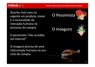 Quanto mais caro ou
  urgente um produto, maior                  O Pessimista
  é a necessidade de
  interação humana no
  processo de compra
                                             O Inseguro
  O pessimista “não acredita
  em Internet”

  O inseguro precisa de uma
  intervenção humana no seu
  ciclo de compra.

Treinamento Google Marketing – 17/out/2009                  38
                                                            38
 