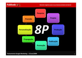 Pesquisa

                                                         Projeto
                         Precisão




                Personalização



                       Propagação
                                      8P                      Produção




                                                        Publicação

                                         Promoção



Treinamento Google Marketing – 17/out/2009                               4
 