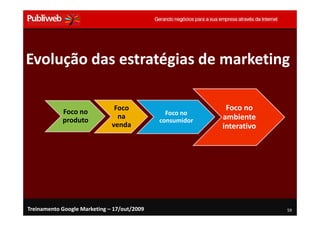 Evolução das estratégias de marketing

            Foco no            Foco                        Foco no
                                               Foco no
            produto             na                        ambiente
                                             consumidor
                              venda                       interativo




Treinamento Google Marketing – 17/out/2009                             59
 
