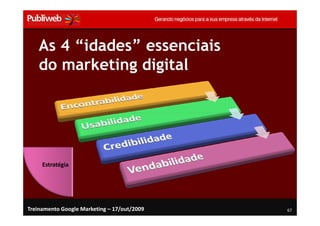 As 4 “idades” essenciais
    do marketing digital




     Estratégia




Treinamento Google Marketing – 17/out/2009   67
 