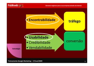 • Encontrabilidade      tráfego



                      • Usabilidade
                      • Credibilidade        conversão
     Estratégia       • Vendabilidade


Treinamento Google Marketing – 17/out/2009               73
 