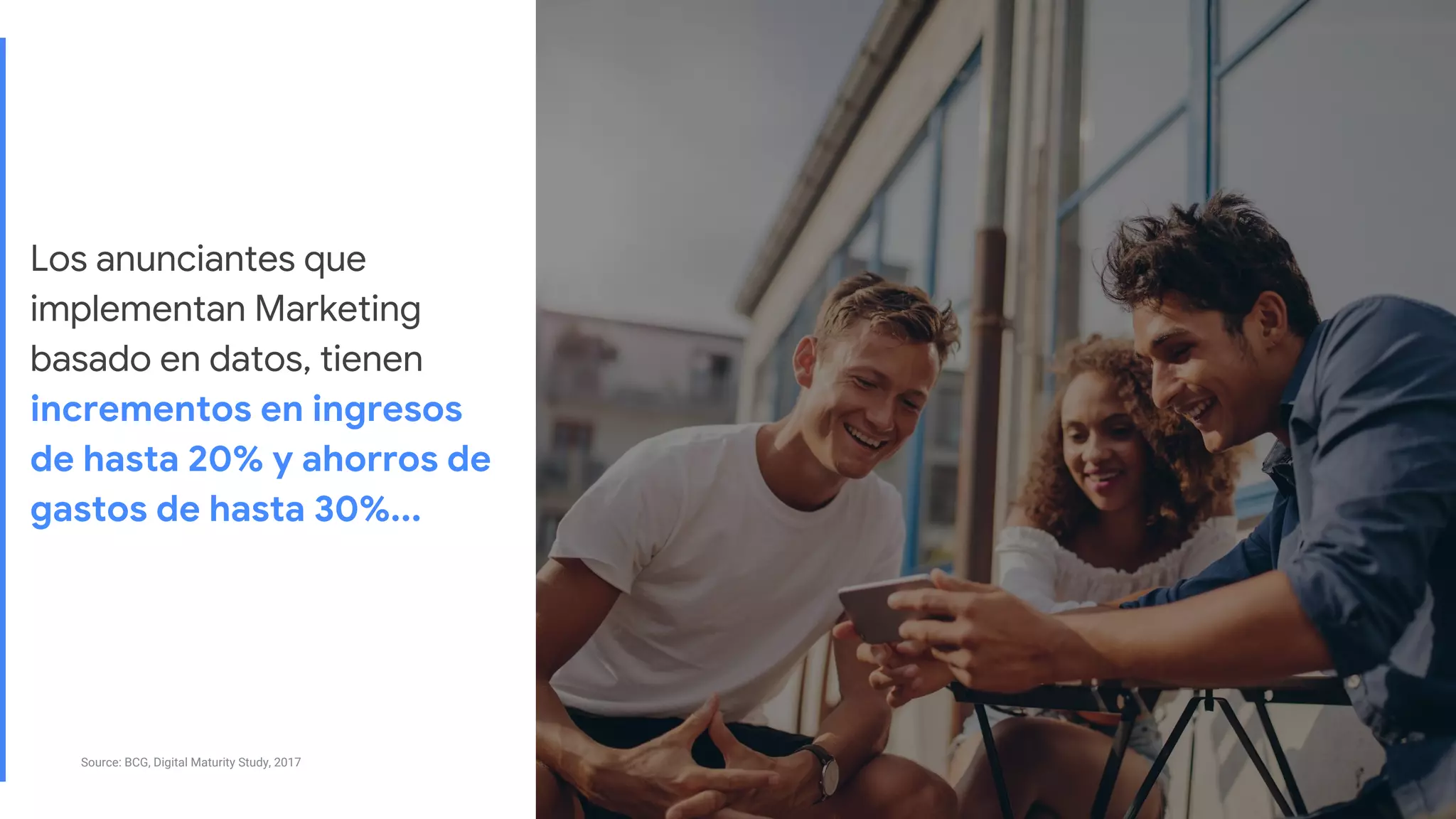 Proprietary + ConfidentialProprietary + Confidential
Source: BCG, Digital Maturity Study, 2017
Los anunciantes que
implementan Marketing
basado en datos, tienen
incrementos en ingresos
de hasta 20% y ahorros de
gastos de hasta 30%...
 