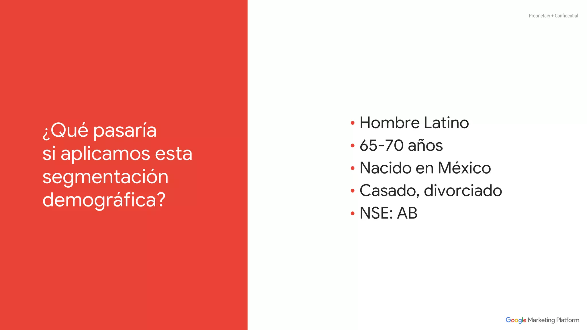 • Hombre Latino
• 65-70 años
• Nacido en México
• Casado, divorciado
• NSE: AB
¿Qué pasaría
si aplicamos esta
segmentación
demográfica?
Proprietary + Confidential
 