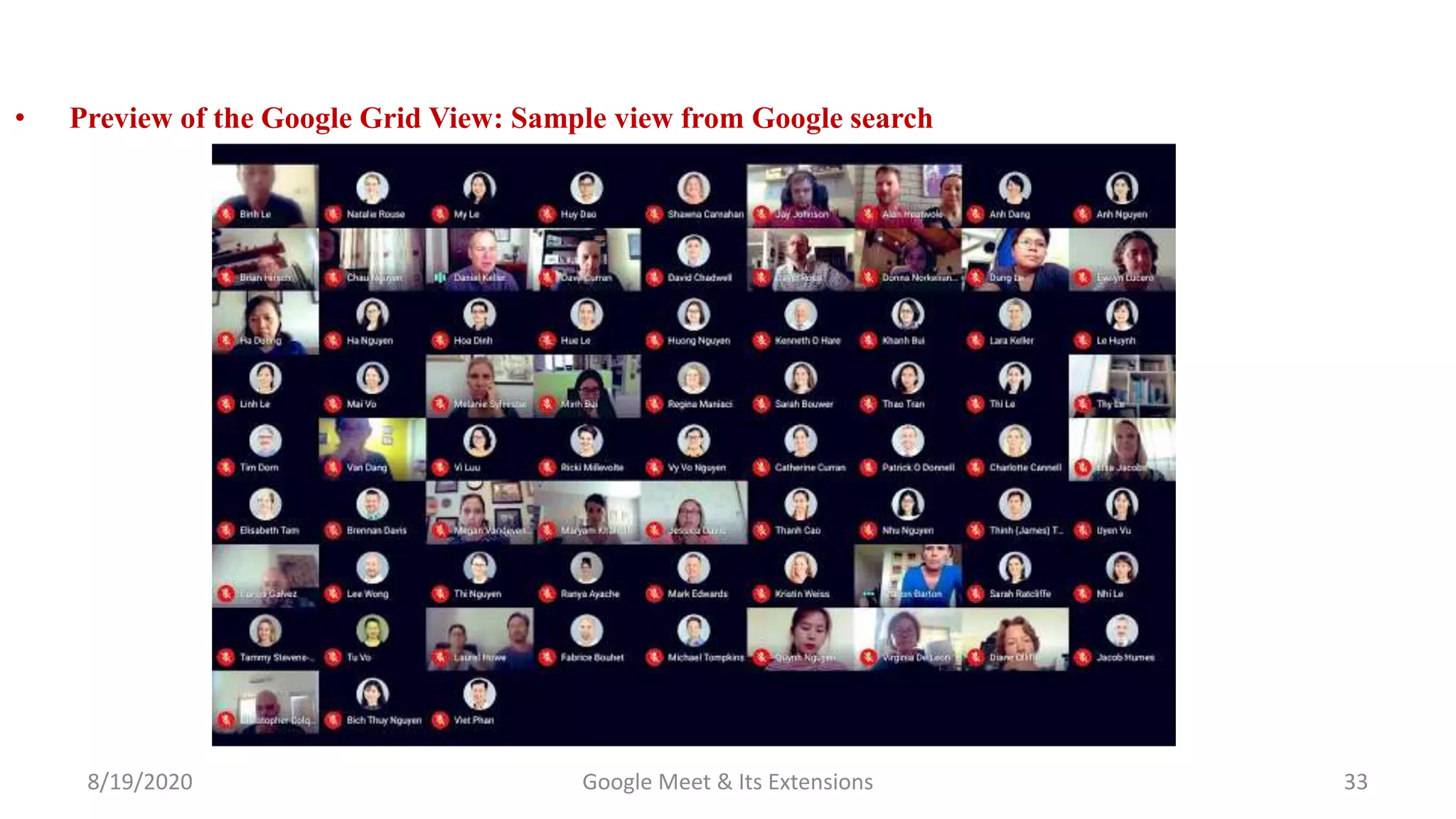 8/19/2020 Google Meet & Its Extensions 33
• Preview of the Google Grid View: Sample view from Google search
 
