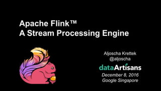 1
Aljoscha Krettek
@aljoscha
December 8, 2016
Google Singapore
Apache Flink™
A Stream Processing Engine
 