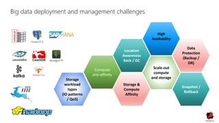 Big data deployment and management challenges
Storage &
Compute
Affinity
Location
Awareness
Rack / DC
Compute
anti-affinity
Scale-out
compute
and storageStorage
workload
types
(IO patterns
/ QoS)
High
Availability
Data
Protection
(Backup /
DR)
Snapshot /
Rollback
 