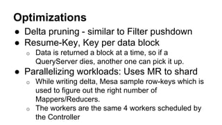 Optimizations
● Delta pruning - similar to Filter pushdown
● Resume-Key, Key per data block
o Data is returned a block at a time, so if a
QueryServer dies, another one can pick it up.
● Parallelizing workloads: Uses MR to shard
o While writing delta, Mesa sample row-keys which is
used to figure out the right number of
Mappers/Reducers.
o The workers are the same 4 workers scheduled by
the Controller
 