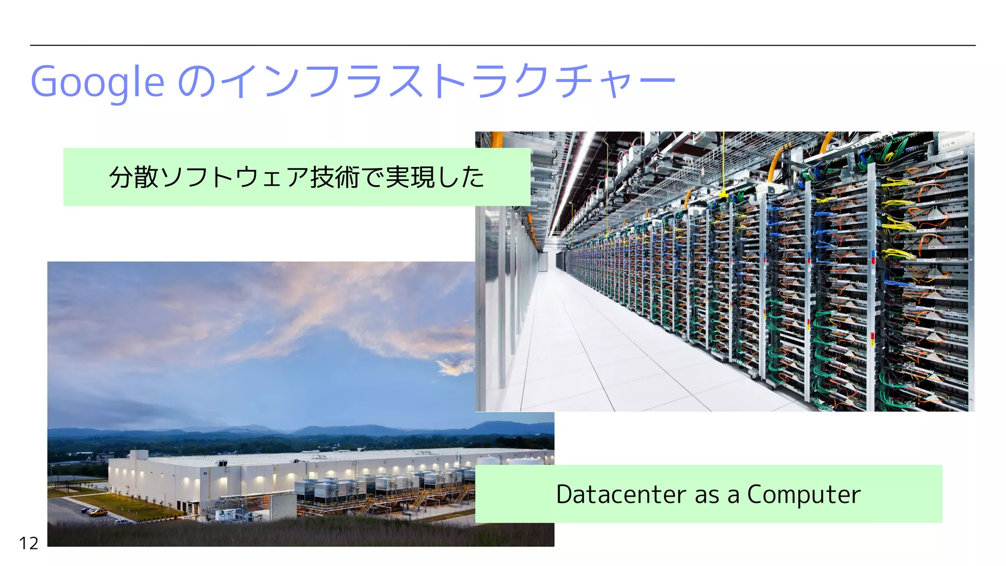12
Google のインフラストラクチャー
分散ソフトウェア技術で実現した
Datacenter as a Computer
 
