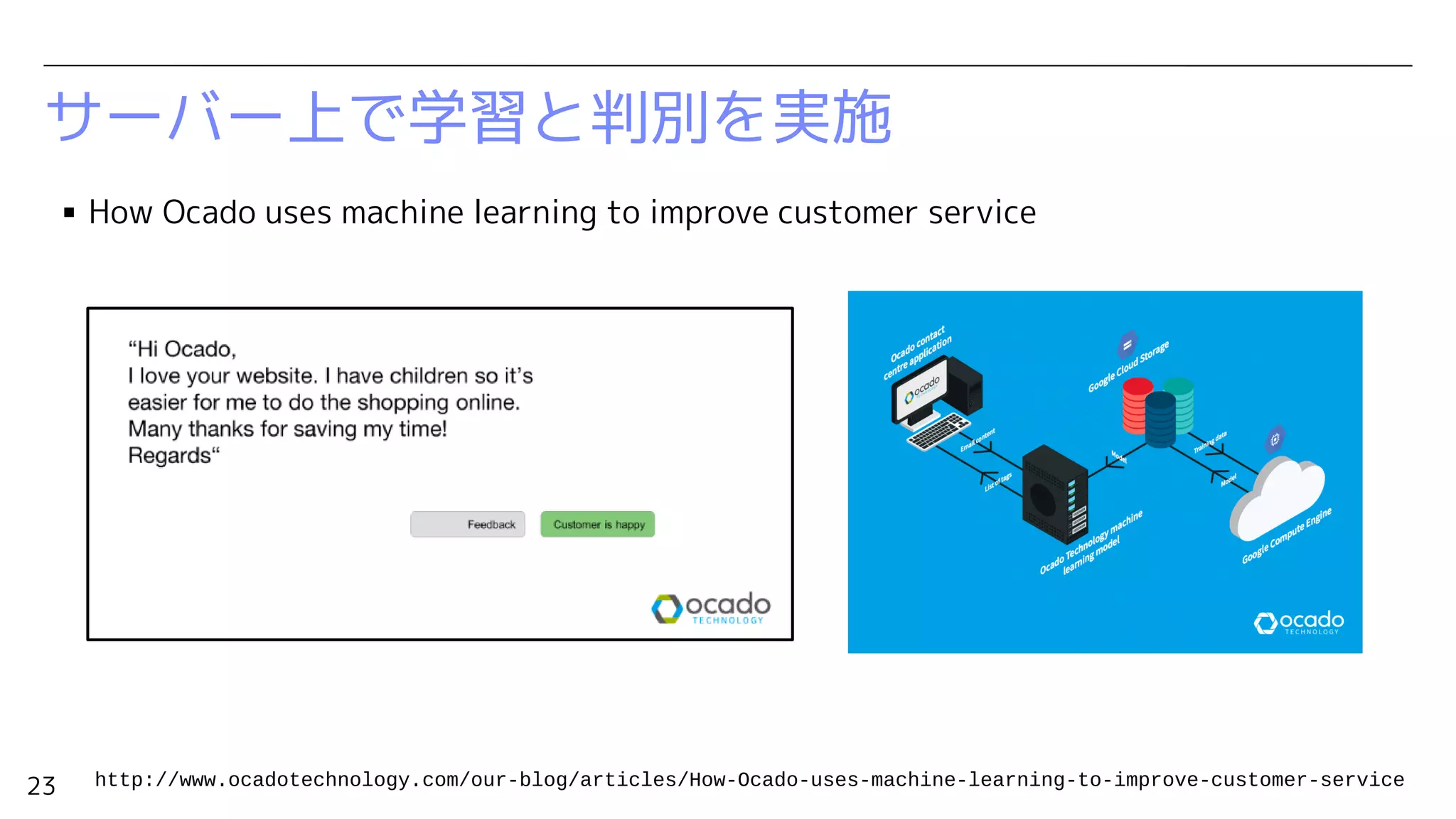 23
サーバー上で学習と判別を実施
▪ How Ocado uses machine learning to improve customer service
http://www.ocadotechnology.com/our-blog/articles/How-Ocado-uses-machine-learning-to-improve-customer-service
 