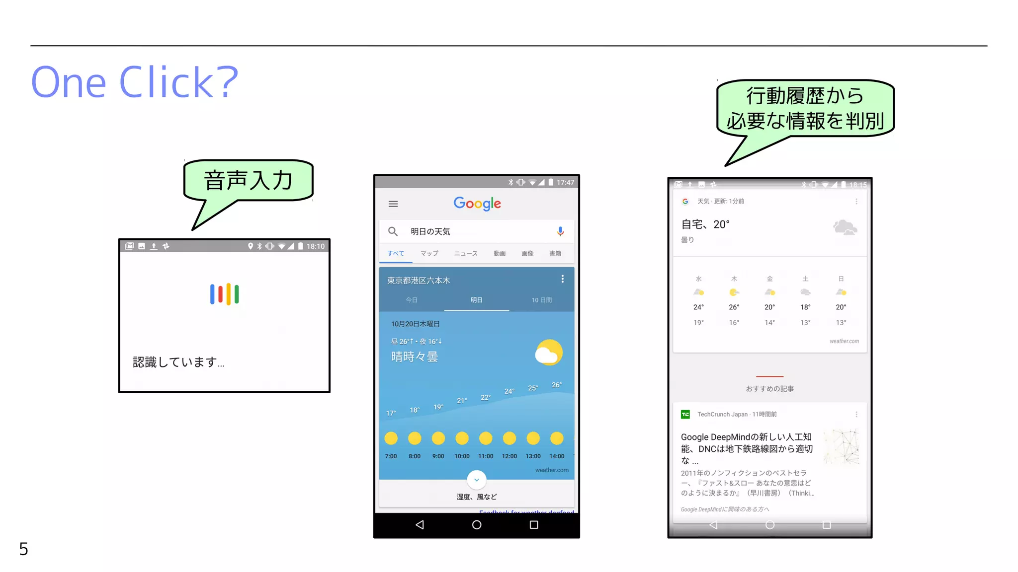 5
One Click?
音声入力
行動履歴から
必要な情報を判別
 