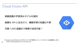 15
Cloud Vision API
画像認識の学習済みモデルを提供
画像を API に送るだけ、機械学習の知識は不要
月間 1,000 認識まで無償で試用可能 (*)
(*) Google Cloud Platform のプロジェクト内で使用したリソースのコストは別途発生します。
https://cloud.google.com/vision/pricing
 