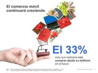 El comercio móvil
continuará creciendo




                                                                                               El 33%cree que realizará más
                                                                                                     compras desde su teléfono
                                                                                                     en el futuro
Base: Usuarios particulares de teléfonos inteligentes que utilizan Internet en general; teléfonos inteligentes n= 1.000   Información confidencial y propiedad de Google   32
P51: ¿Cree que realizará compras desde su teléfono inteligente con más frecuencia en los próximos 12 meses?
 