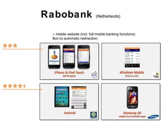 Rabobank  (Netherlands) +  mobile website (incl. full mobile banking functions)  But no automatic redirection; 