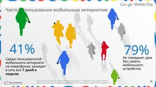 Частота	
  пользования	
  мобильным	
  интернетом	
  	
  




   41%                                                                                                                                                                79%
                                                                                                                                                                      Не	
  покидают	
  дом	
  
Среди	
  пользователей	
  
мобильного	
  интернета	
                                                                                                                                             без	
  своего	
  
на	
  смартфонах,	
  выходят	
                                                                                                                                        мобильного	
  
в	
  сеть	
  все	
  7	
  дней	
  в	
                                                                                                                                  устройства	
  
неделю	
  	
  

                                                                                                                                                               	
  
                            Как	
  часто	
  Вы	
  пользовались	
  мобильной	
  передачей	
  данных	
  	
  со	
  смартфона	
  за	
  последнюю	
  неделю?	
  
                            Насколько	
  вы	
  согласны	
  со	
  следующим	
  утверждением?	
  “Я	
  не	
  покидаю	
  дом	
  без	
  своего	
  смартфона”	
  
                                                                                                                                                                                            16	
  
 