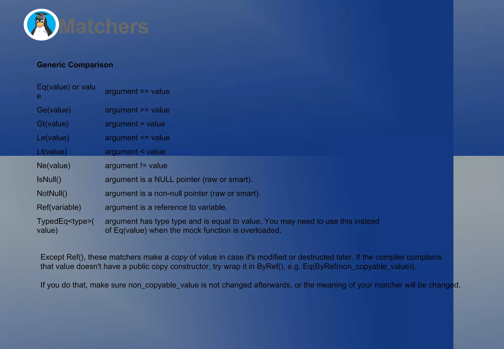 Matchers Generic Comparison Except  Ref() , these matchers make a  copy  of  value  in case it's modified or destructed later. If the compiler complains that  value  doesn't have a public copy constructor, try wrap it in  ByRef() , e.g.  Eq(ByRef(non_copyable_value)) .  If you do that, make sure  non_copyable_value  is not changed afterwards, or the meaning of your matcher will be changed. Eq(value)  or  value argument == value Ge(value) argument >= value Gt(value) argument > value Le(value) argument <= value Lt(value) argument < value Ne(value) argument != value IsNull() argument  is a  NULL  pointer (raw or smart). NotNull() argument  is a non-null pointer (raw or smart). Ref(variable) argument  is a reference to  variable . TypedEq<type>(value) argument  has type  type  and is equal to  value . You may need to use this instead of  Eq(value)  when the mock function is overloaded. 