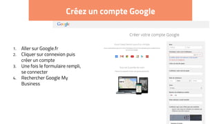 Créez un compte Google
1. Aller sur Google.fr
2. Cliquer sur connexion puis
créer un compte
3. Une fois le formulaire rempli,
se connecter
4. Rechercher Google My
Business
 