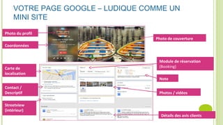 Photo du profil
Coordonnées
Photo de couverture
Carte de
localisation
Module de réservation
(Booking)
Note
Photos / vidéos
Contact /
Descriptif
Détails des avis clients
Streetview
(intérieur)
VOTRE PAGE GOOGLE – LUDIQUE COMME UN
MINI SITE
 