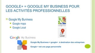 GOOGLE+ = GOOGLE MY BUSINESS POUR
LES ACTIVITÉS PROFESSIONNELLES
 Google My Buniness
 Google maps
 Google Local
Google My Business = google+ à destination des entreprises
Google + est une page personnelle
 